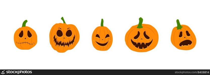Set of Halloween pumpkins with scary smiling faces. Vector flat style illustration for design poster, banner, print.. Set of Halloween pumpkins with scary smiling faces. Vector flat style illustration for design poster, banner, print