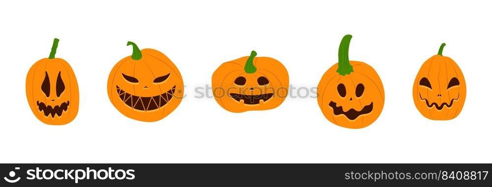 Set of Halloween pumpkins with scary smiling faces. Vector flat style illustration for design poster, banner, print.