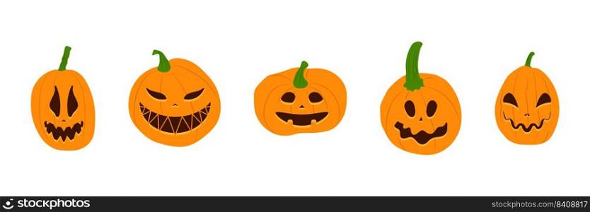 Set of Halloween pumpkins with scary smiling faces. Vector flat style illustration for design poster, banner, print.