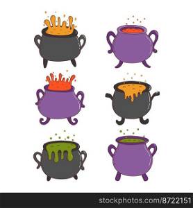 Set of halloween witches cauldrons with poison potion. Halloween elements. Trick or treat concept. Vector illustration in hand drawn style.. Set of halloween witches cauldrons with poison potion. Halloween elements. Trick or treat concept. Vector illustration in hand drawn style