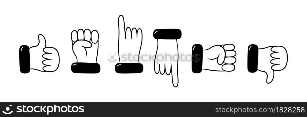 Set of hand and finger gestures. Hand dtawn like, dislike, fist, point with your finger. Vector illustration isolated in doodle style on white background.. Set of hand and finger gestures. Hand dtawn like, dislike, fist, point with your finger. Vector illustration isolated in doodle style on white background