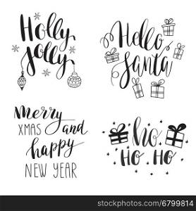 Set of hand calligraphic winter holidays quotes Jingle bells, Hello santa, Holly jolly christmas, Merry christmas and happy New year. Black text with decorative elements - bells, box, bow, snowflake, presents on white background