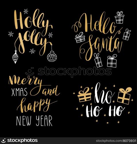 Set of hand calligraphic winter holidays quotes Jingle bells, Hello santa, Holly jolly christmas, Merry christmas and happy New year. Gold text with decorative elements - bells, box, bow, snowflake, presents