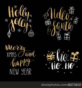 Set of hand calligraphic winter holidays quotes Jingle bells, Hello santa, Holly jolly christmas, Merry christmas and happy New year. Gold text with decorative elements - bells, box, bow, snowflake, presents