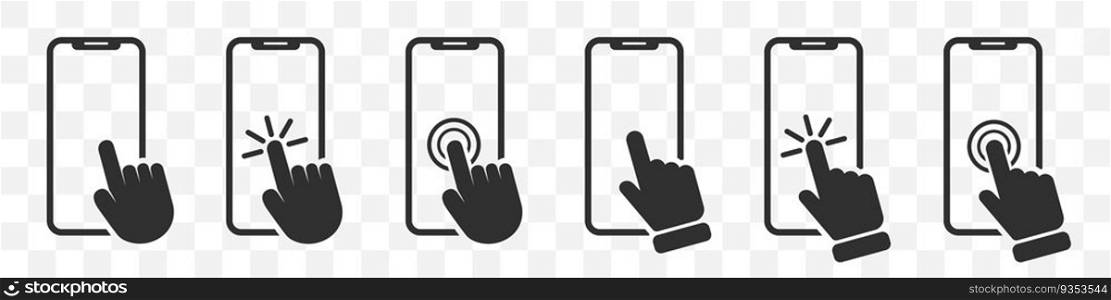 Set of hand clicking on smartphone icons on a transparent background