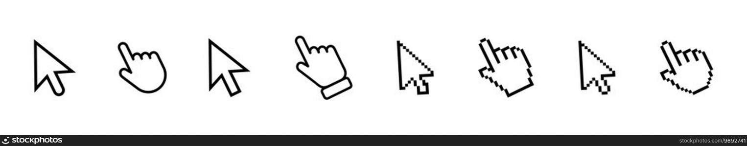 Set of Hand Cursor icons click. Mouse click cursor collection. Computer mouse click cursor. Black cursor set. Hand pointer icons. Vector graphic EPS 10