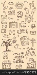 Set of hand drawings road, travel, transport, vacation. Vintage. Doodle line