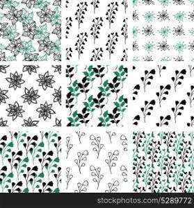 Set of hand drawn abstract floral seamless patterns with flowers and leaves