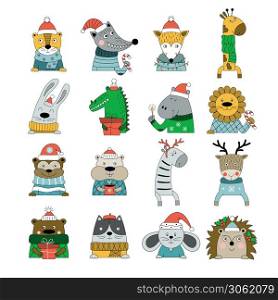 Set of hand-drawn animals in winter costumes isolated on white background. Vector illustration for decoration Christmas greeting card, posters, banner, advent calendar.
