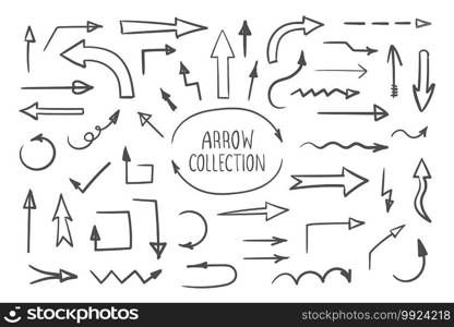 Set of Hand Drawn Arrows. Arrows doodle direction mark. Vector illustration