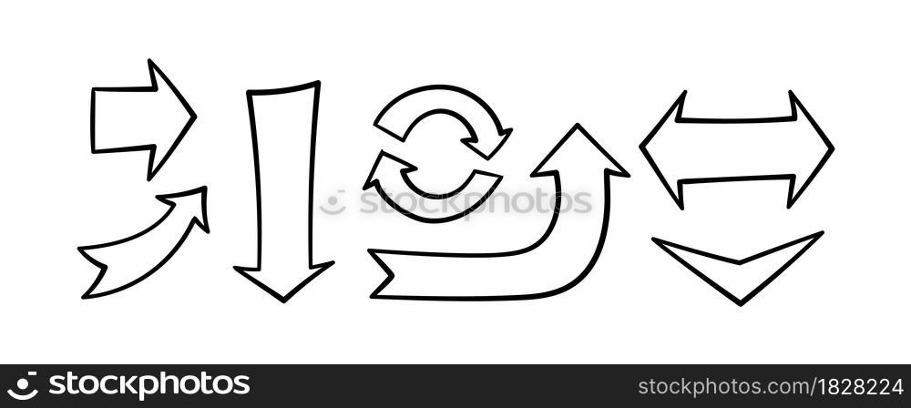 Set of hand drawn arrows. Black doodle arrows. Direction indicators. Vector illustration isolated on white background.. Set of hand drawn arrows. Black doodle arrows. Direction indicators. Vector illustration isolated on white background
