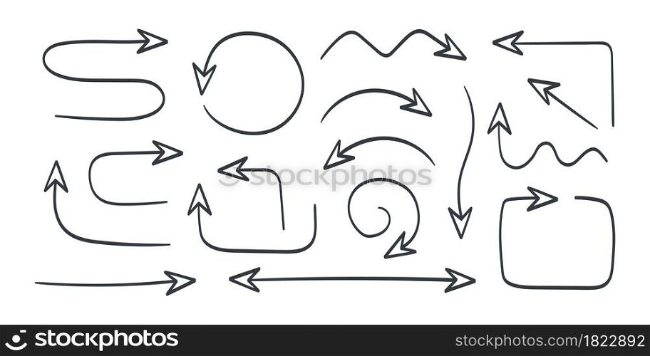 Set of hand drawn arrows. Doodle arrows. Vector arrows. Arrows elements waypoints. Vector illustration