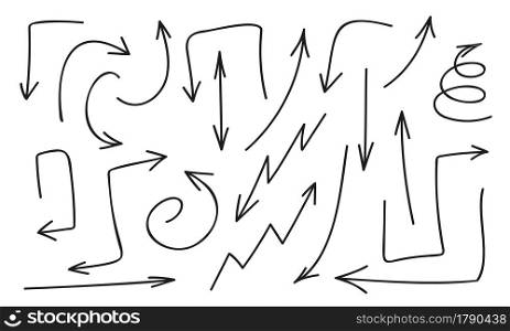 Set of hand drawn arrows isolated on white background. Simple design elements in sketchy style. Graphic symbols of direction. Vector doodle illustration.. Set of hand drawn arrows isolated on white background. Simple design elements in sketchy style. Graphic symbols of direction. Vector doodle illustration