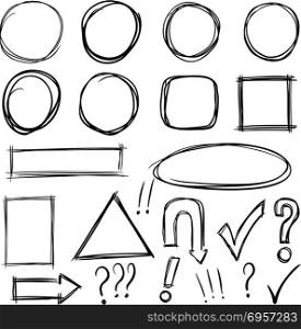 Set of hand drawn arrows, signs, squares, circles. Design elements for poster, flyer, banner. Vector illustration. Set of hand drawn arrows, signs, squares, circles. Design elements for poster, flyer, banner.