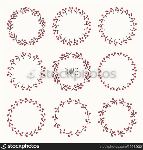 Set of hand drawn autumn frame of berries. Wreath for invitations and birthday cards. Abstract vector. Floral illustration. Graphic style. Fall print. Doodle art elements. Frame collection.. Set of hand drawn autumn frame of berries. Wreath for invitations and birthday cards. Abstract vector background. Floral illustration. Graphic style. Fall print. Doodle art elements. Frame collection.