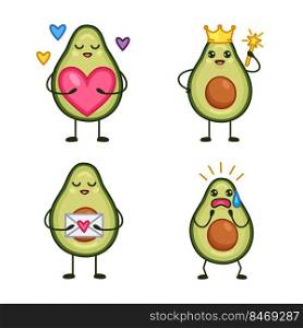 Set of hand-drawn avocado characters holding heart, wearing crown, holding love letter, being afraid