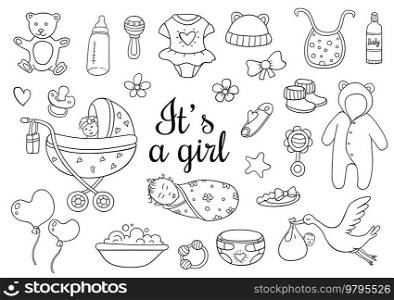 Set of hand drawn baby and newborn doodles. Vector illustration