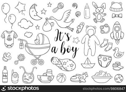 Set of hand drawn baby boy and newborn doodles. Vector illustration