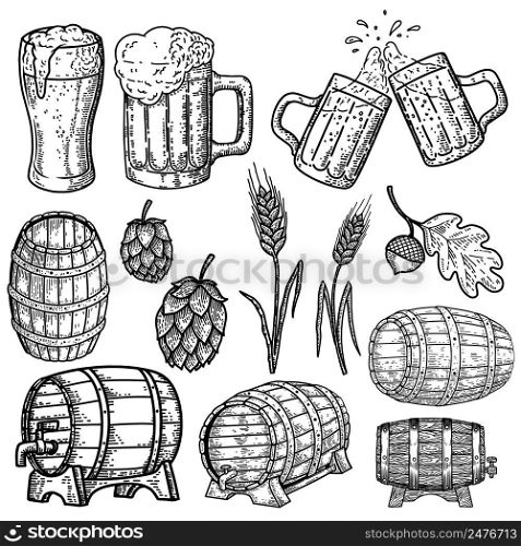Set of hand drawn beer design elements. Design element for logo, label, sign, poster. Vector illustration