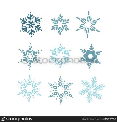 Set of hand drawn blue Christmas vintage scandinavian snowflakes. Xmas decorative design element in retro style, isolated winter vector illustration.. Set of hand drawn blue Christmas vintage scandinavian snowflakes. Xmas decorative design element in retro style, isolated winter vector illustration
