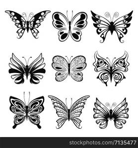 Set of Hand Drawn Butterflies isolated on white background. Vector illustration.