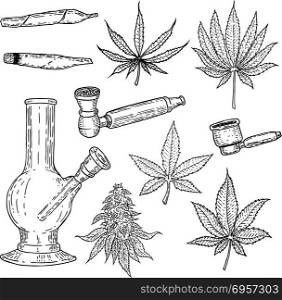 Set of hand drawn cannabis leaves, bong, smoking pipes. Design element for poster, card, banner. Vector illustration. Set of hand drawn cannabis leaves, bong, smoking pipes. Design element for poster, card, banner.