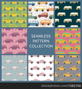 Set of hand drawn car seamless pattern. Collection cars pattern in doodle style. Design for fabric, textile print, wrapping paper, children textile, cover. Cute vector illustration. Set of hand drawn car seamless pattern. Collection cars pattern in doodle style.