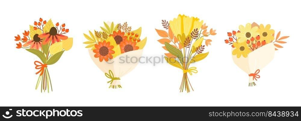 Set of hand-drawn cartoon bouquets with rowan branches and leaves. Pretty floral illustrations for teachers day and other fall holidays. Seasonal design with autumn flowers.