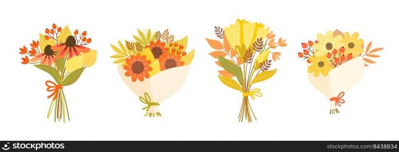 Set of hand-drawn cartoon bouquets with rowan branches and leaves. Pretty floral illustrations for teachers day and other fall holidays. Seasonal design with autumn flowers.