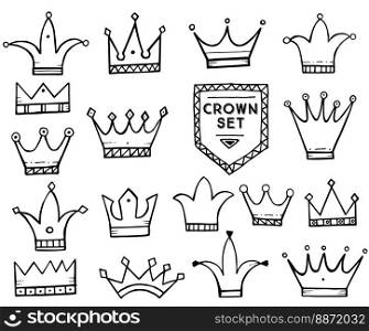 Set of Hand Drawn Cartoon Crowns. Vector Illustration. Isolated on White Background.
