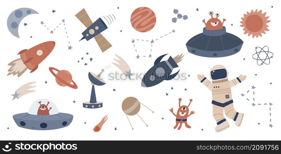 Set of hand drawn cartoon vector illustrations of space. Collection of cliparts of UFOs, monsters, planets astronaut. Fantastic color galaxy isolated design elements.. Set of hand drawn cartoon vector illustrations of space.