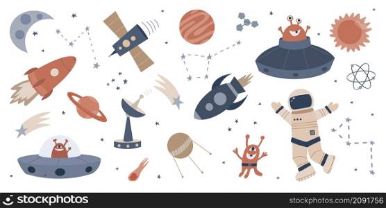 Set of hand drawn cartoon vector illustrations of space. Collection of cliparts of UFOs, monsters, planets astronaut. Fantastic color galaxy isolated design elements.. Set of hand drawn cartoon vector illustrations of space.