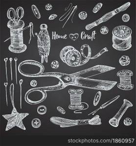 Set of hand-drawn chalk vintage sewing tools. Sew machine, Needle, scissors, mannequin, buttons, tailor meter. Sketch style. Logos, icons elements isolated on chalkboard background Vector illustration. Set of hand-drawn chalk vintage sewing tools. Sew machine, Needle, scissors, mannequin, buttons, tailor meter. Sketch engraving style. Logos, icons elements isolated on chalkboard background. Vector