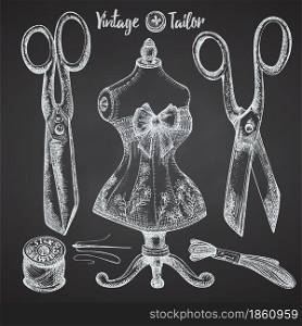 Set of hand-drawn chalk vintage sewing tools. Sew machine, Needle, scissors, mannequin, buttons, tailor meter. Sketch style. Logos, icons elements isolated on chalkboard background Vector illustration. Set of hand-drawn chalk vintage sewing tools. Sew machine, Needle, scissors, mannequin, buttons, tailor meter. Sketch engraving style. Logos, icons elements isolated on chalkboard background. Vector