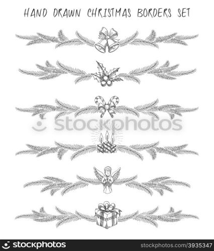 Set of hand drawn Christmas borders or dividers set. Christmas symbols and pine tree branches. Monochrome Isolated on white.