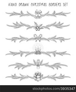 Set of hand drawn Christmas borders or dividers set. Christmas symbols and pine tree branches. Monochrome Isolated on white.