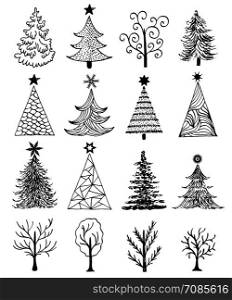 Set of hand drawn christmas tree on white background.Vector illustration.. Set of hand drawn christmas tree
