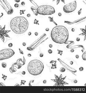Set of hand drawn Christmas winter spices seamless pattern. Traditionally used in made desserts, hot mulled wine, homemade cookies Good for templates menu, recipes, greeting cards. Vector illustration. Set of hand drawn Christmas winter spices seamless pattern. Traditionally used in made desserts, hot mulled wine, homemade cookies.