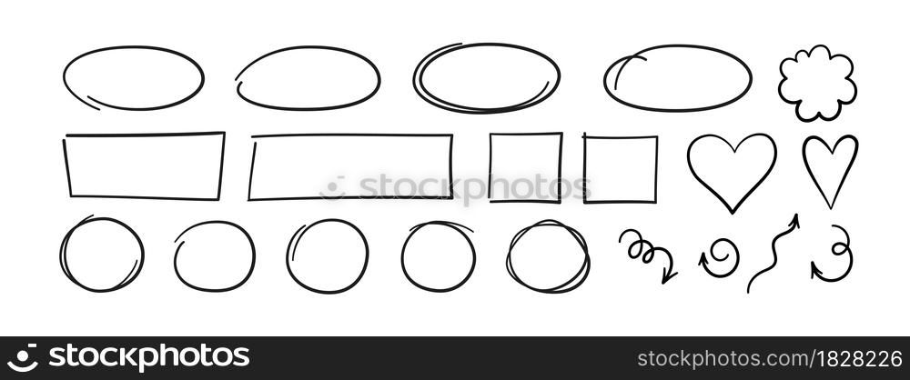Set of hand drawn circles, ovals, hearts and arrows. Highlight circle frames. Ellipses and curly arrows in doodle style. Vector illustration isolated on white background.. Set of hand drawn circles, ovals, hearts and arrows. Highlight circle frames. Ellipses and curly arrows in doodle style. Vector illustration isolated on white background