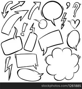 Set of hand drawn comic style speech bubbles and design elements. For poster, card, banner, flyer. Vector illustration