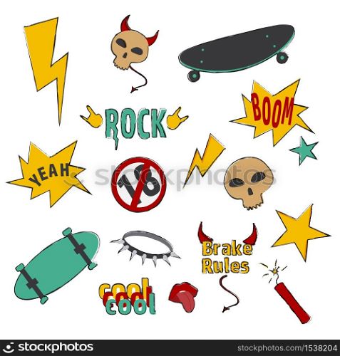 Set of hand drawn cool doodle elements vector illustration. Graphic cartoon skull, skateboard and lightning colored collection isolated on white background. Stylish hipster bundle. Set of hand drawn cool doodle elements vector illustration isolated on white background