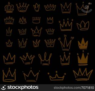 Set of hand drawn crown icons on dark background. Design element for logo, label, sign, poster, card. Vector illustration
