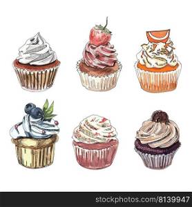  Set of hand drawn cupcakes on white background. .  Set of hand drawn cupcakes