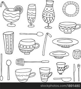 Set of hand drawn cups and glasses. Kitchen elements collection. Vector illustration.