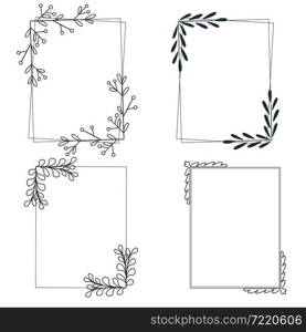 Set of hand drawn decorative botanical frames with leaves and twigs. Rectangular patterns from sheets, vector illustration. Deciduous outlines for invitation or greeting card.. Set of hand drawn decorative botanical frames with leaves and twigs.