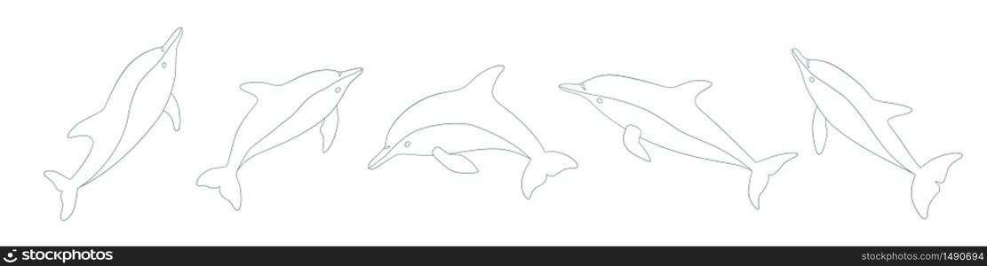 Set of hand drawn dolphins. Isolated vector illustration in doodle style on white background. Set of hand drawn dolphins. Isolated vector illustration in doodle style