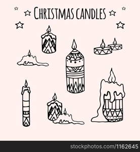 Set of hand-drawn doodle Christmas candles for your creativity