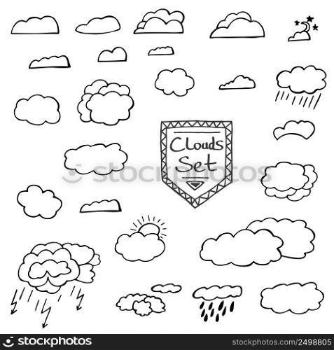 Set of Hand Drawn Doodle Clouds. Vector Illustration. Isolated on white background.