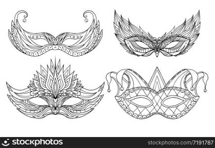 Set of hand-drawn doodle face holiday masks. Festival Mardi Gras, masquerade.. Set of hand-drawn doodle face holiday masks. Festival Mardi Gras