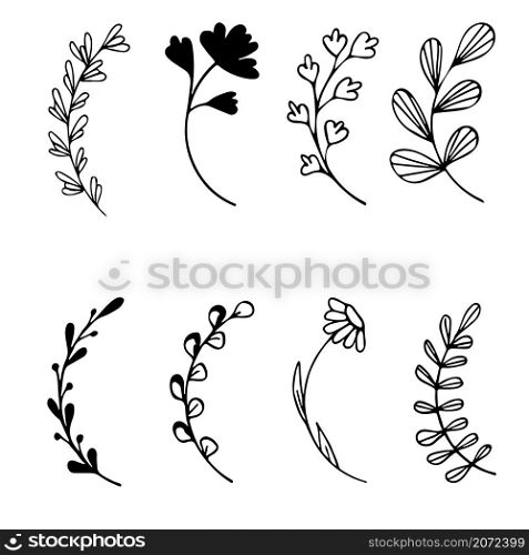 Set of hand drawn doodle floral frames with leaves on white background. Set of hand drawn doodle tree branches with leaves on white background